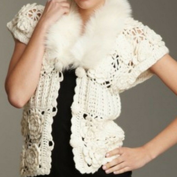 Love Token Crochet Fox Fur Collar Cardigan,Sweater,Jacket Size Large Ivory - Picture 3 of 13